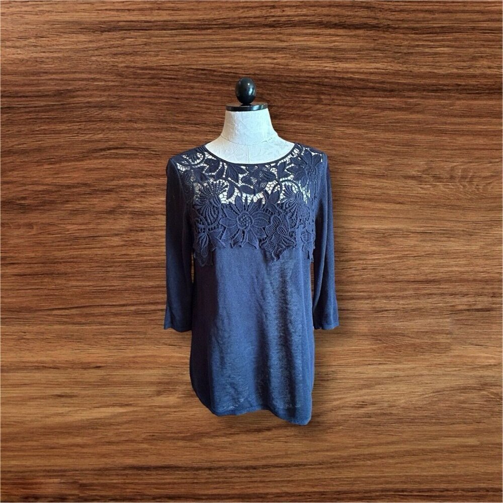 J. Jill Women's Navy Blue LINEN Florla Eyele Blouse 3/4 Sleeves Feminen‎ Sz S